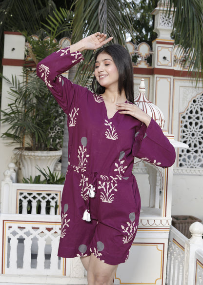 Miravan Womens Pure Cotton Wine Floral Printed Long Sleeves Waist Tie-Up Playsuit