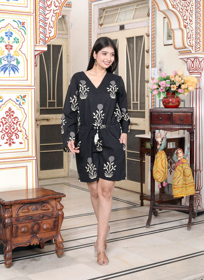 Miravan Womens Pure Cotton Black Waist Tie-Up Back Zip Closure Floral Playsuit