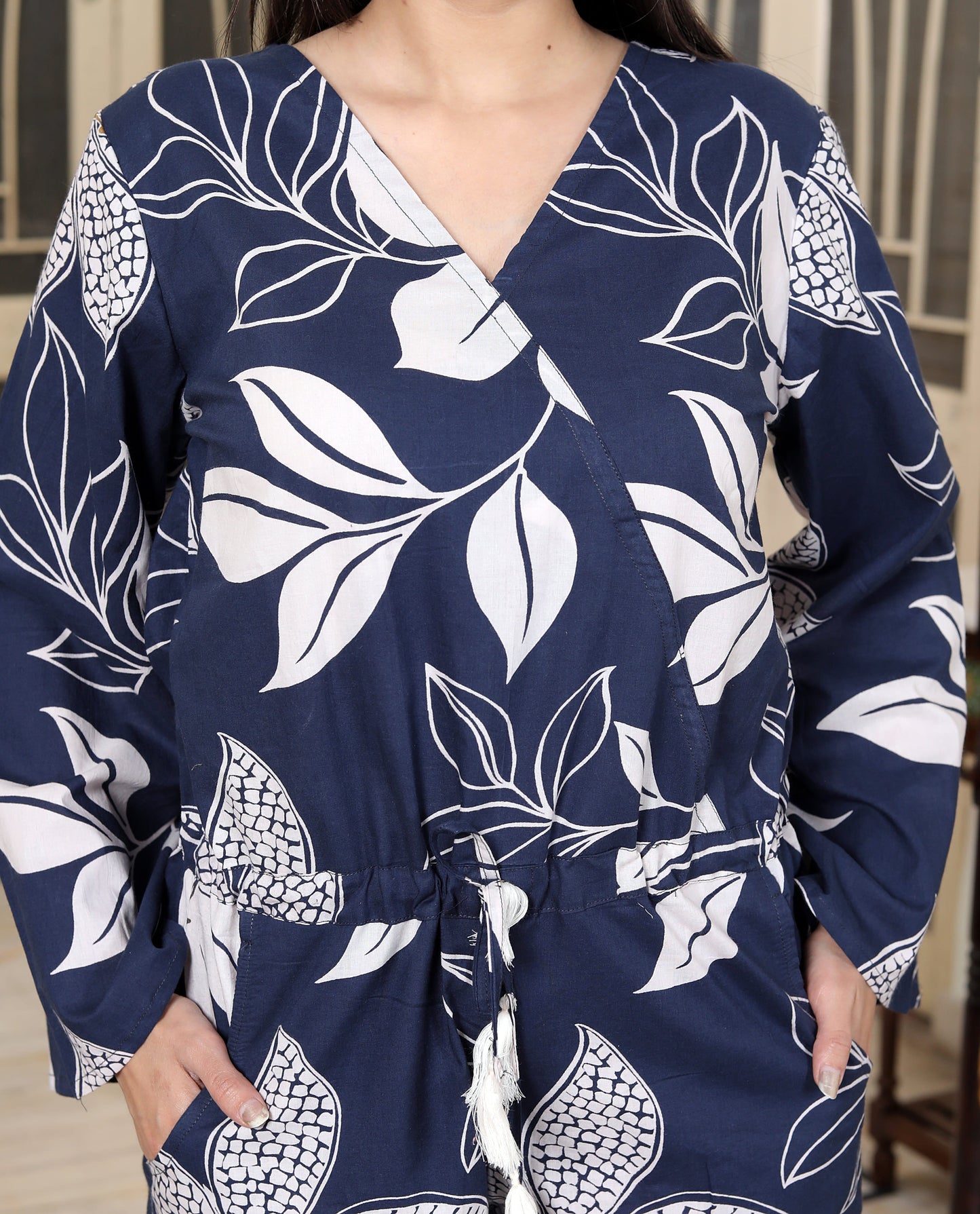 Miravan Womens Blue V Neck Tie-Ups Floral Pure Cotton Casual Long Sleeves Playsuit