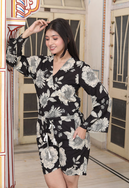 Miravan Womens Pure Cotton Black V Neck Tie-Ups Floral Printed Casual Jumpsuit