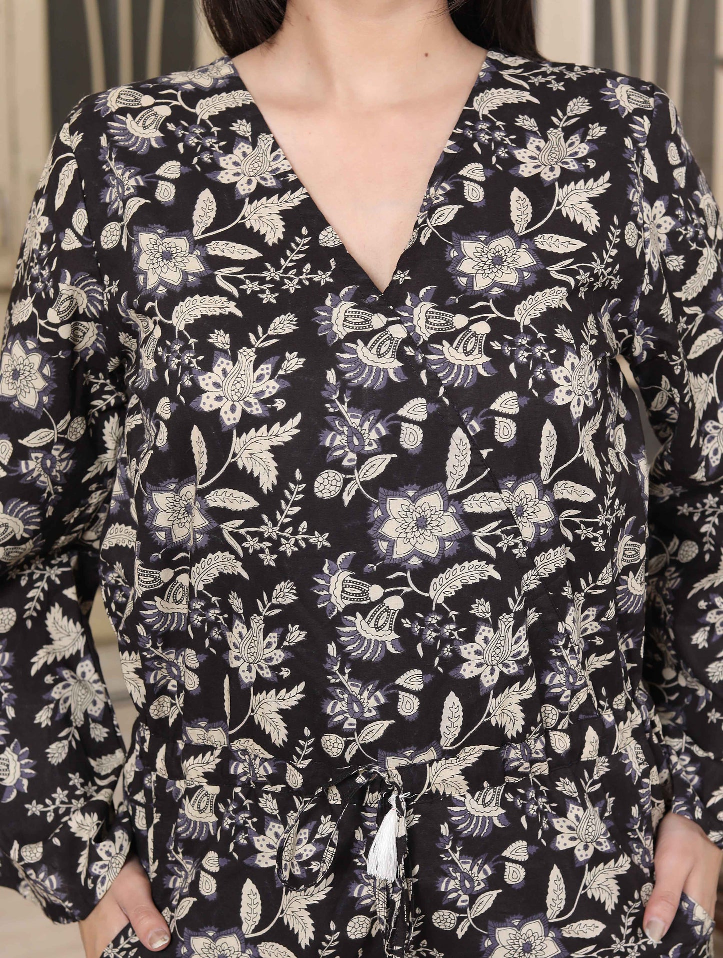 Miravan Womens Pure Cotton Black Long Sleeve Floral Printed Stylish Jumpsuit