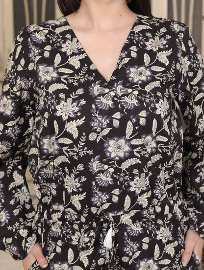 Miravan Womens Pure Cotton Black Long Sleeve Floral Printed Stylish Jumpsuit
