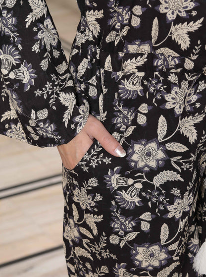 Miravan Womens Pure Cotton Black Long Sleeve Floral Printed Stylish Jumpsuit