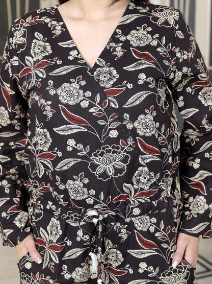 Miravan Womens Multi Pure Cotton Floral Printed V Neck Long Sleeves Jumpsuit