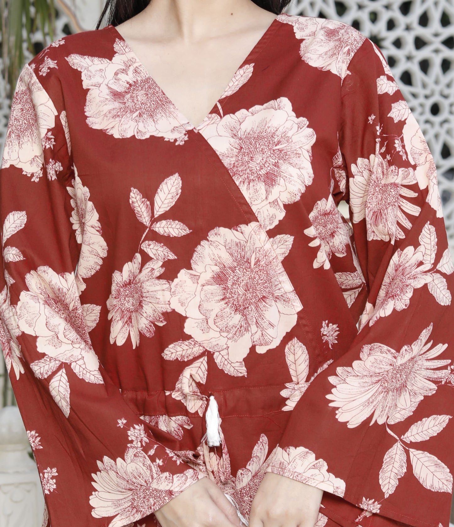 Miravan Womens Pure Cotton Red Floral Printed Long Sleeves Jumpsuit