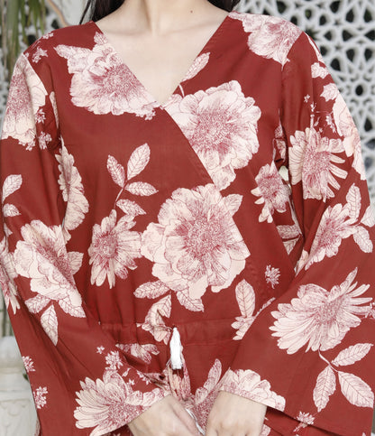 Miravan Womens Pure Cotton Red Floral Printed Long Sleeves Jumpsuit