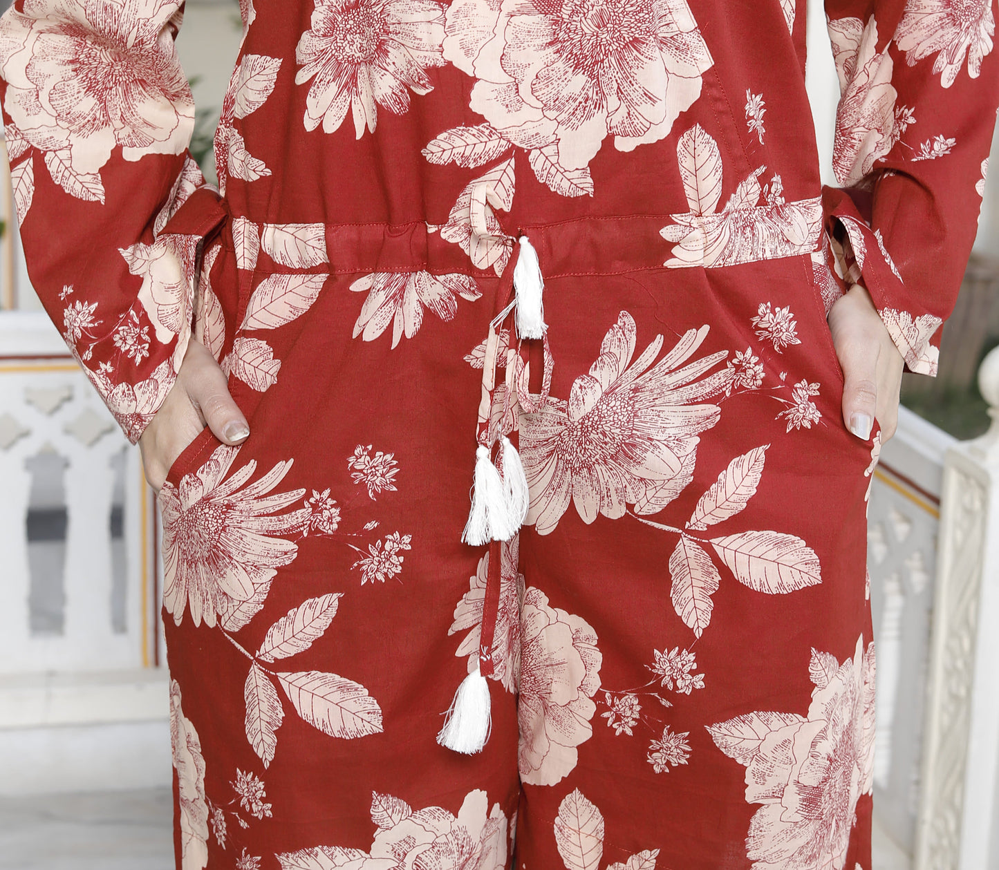 Miravan Womens Pure Cotton Red Floral Printed Long Sleeves Jumpsuit