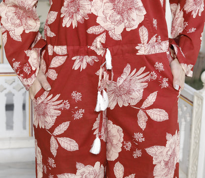 Miravan Womens Pure Cotton Red Floral Printed Long Sleeves Jumpsuit