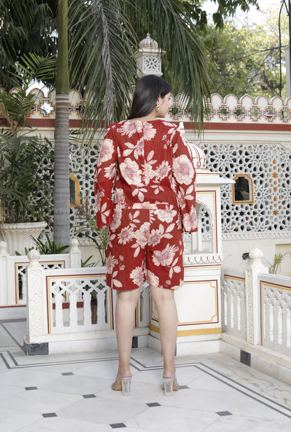 Miravan Womens Pure Cotton Red Floral Printed Long Sleeves Jumpsuit