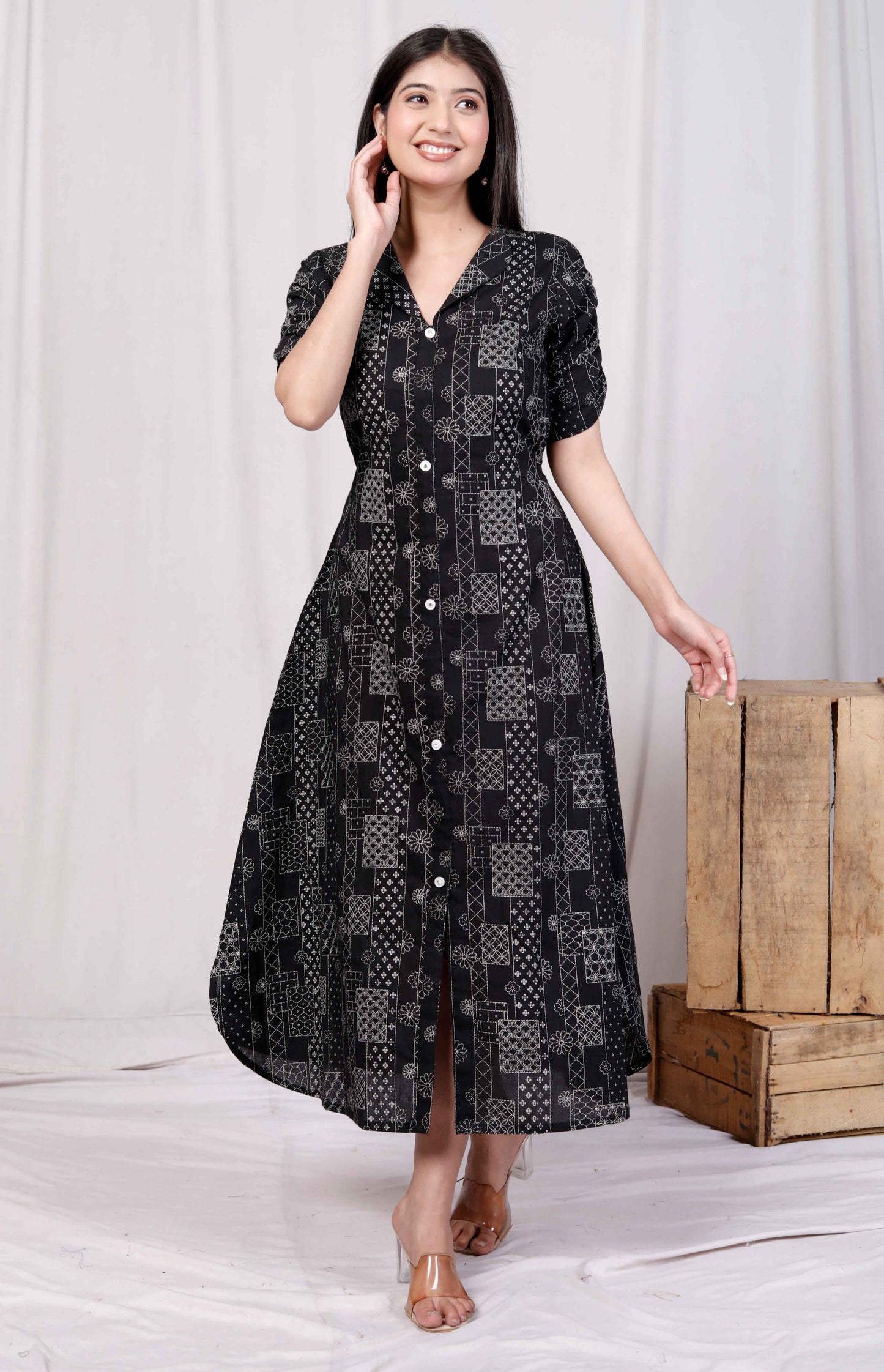 Miravan Womens Pure Cotton Black Floral Printed Front Button A-Line Midi Dress