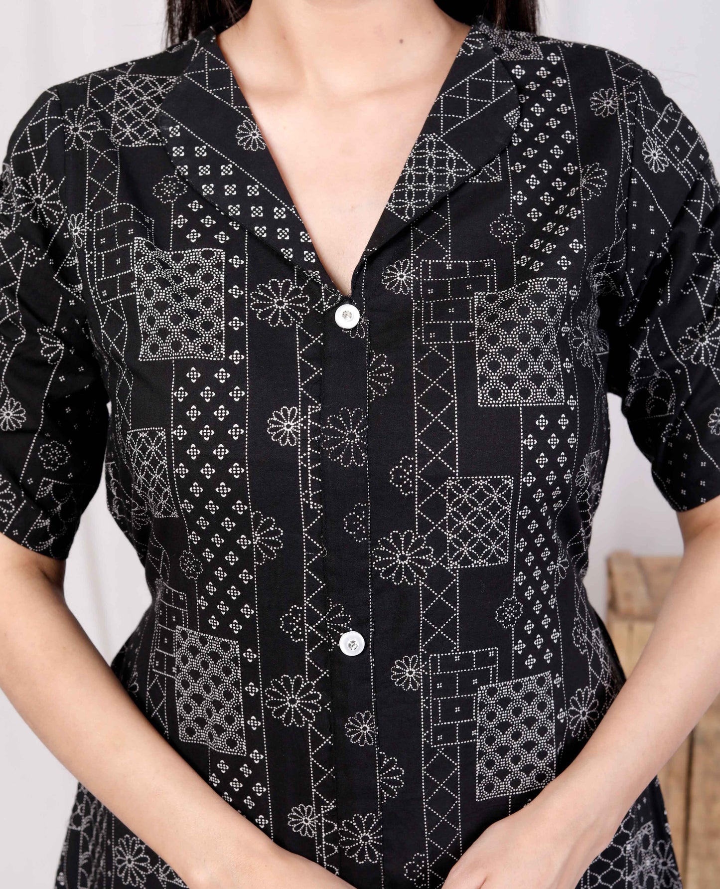 Miravan Womens Pure Cotton Black Floral Printed Front Button A-Line Midi Dress