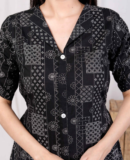 Miravan Womens Pure Cotton Black Floral Printed Front Button A-Line Midi Dress