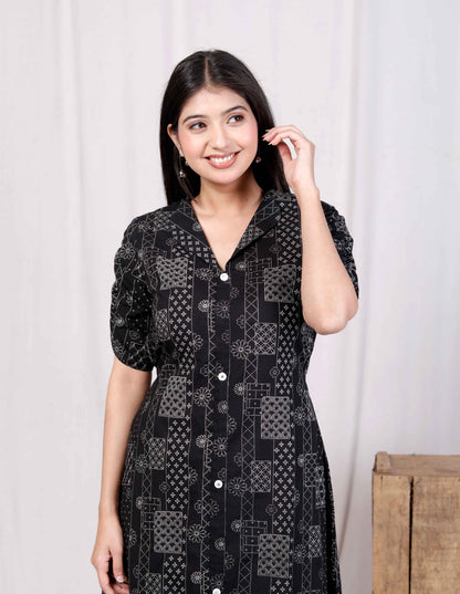 Miravan Womens Pure Cotton Black Floral Printed Front Button A-Line Midi Dress