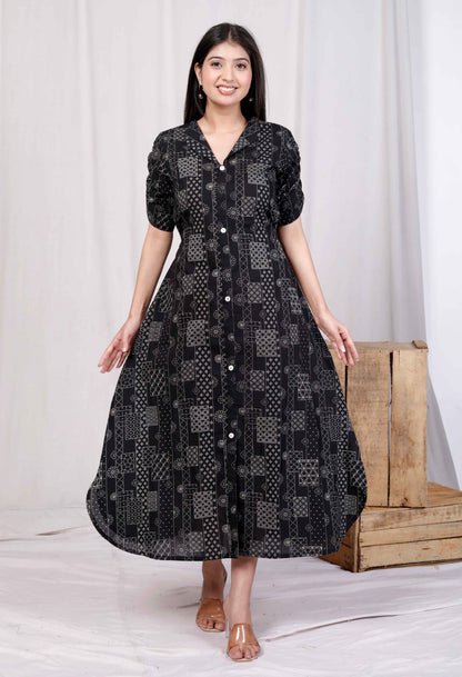 Miravan Womens Pure Cotton Black Floral Printed Front Button A-Line Midi Dress