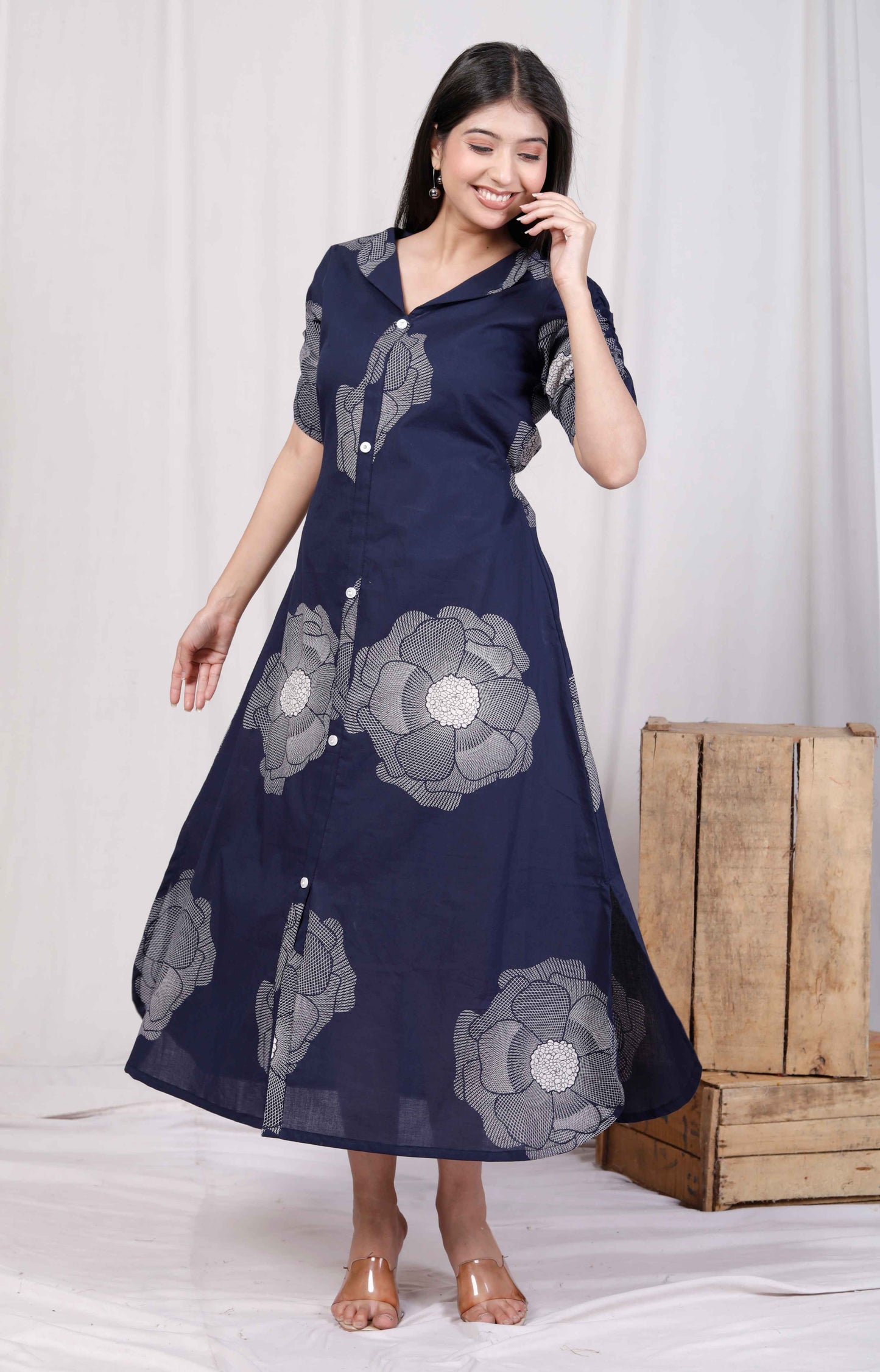 Miravan Womens Blue Floral Printed Front Buttoned A-Line Maxi Dress