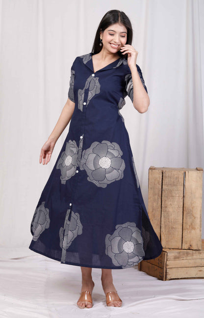 Miravan Womens Blue Floral Printed Front Buttoned A-Line Maxi Dress