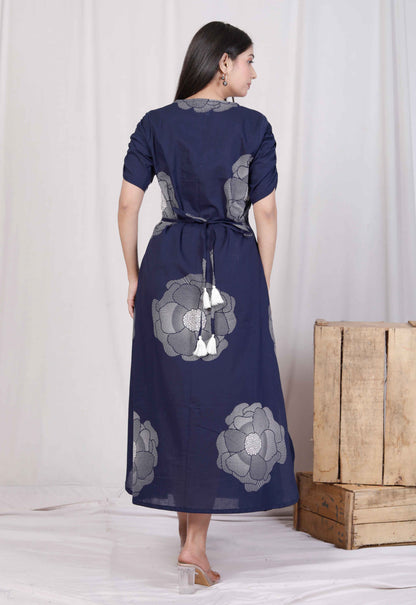 Miravan Womens Blue Floral Printed Front Buttoned A-Line Maxi Dress