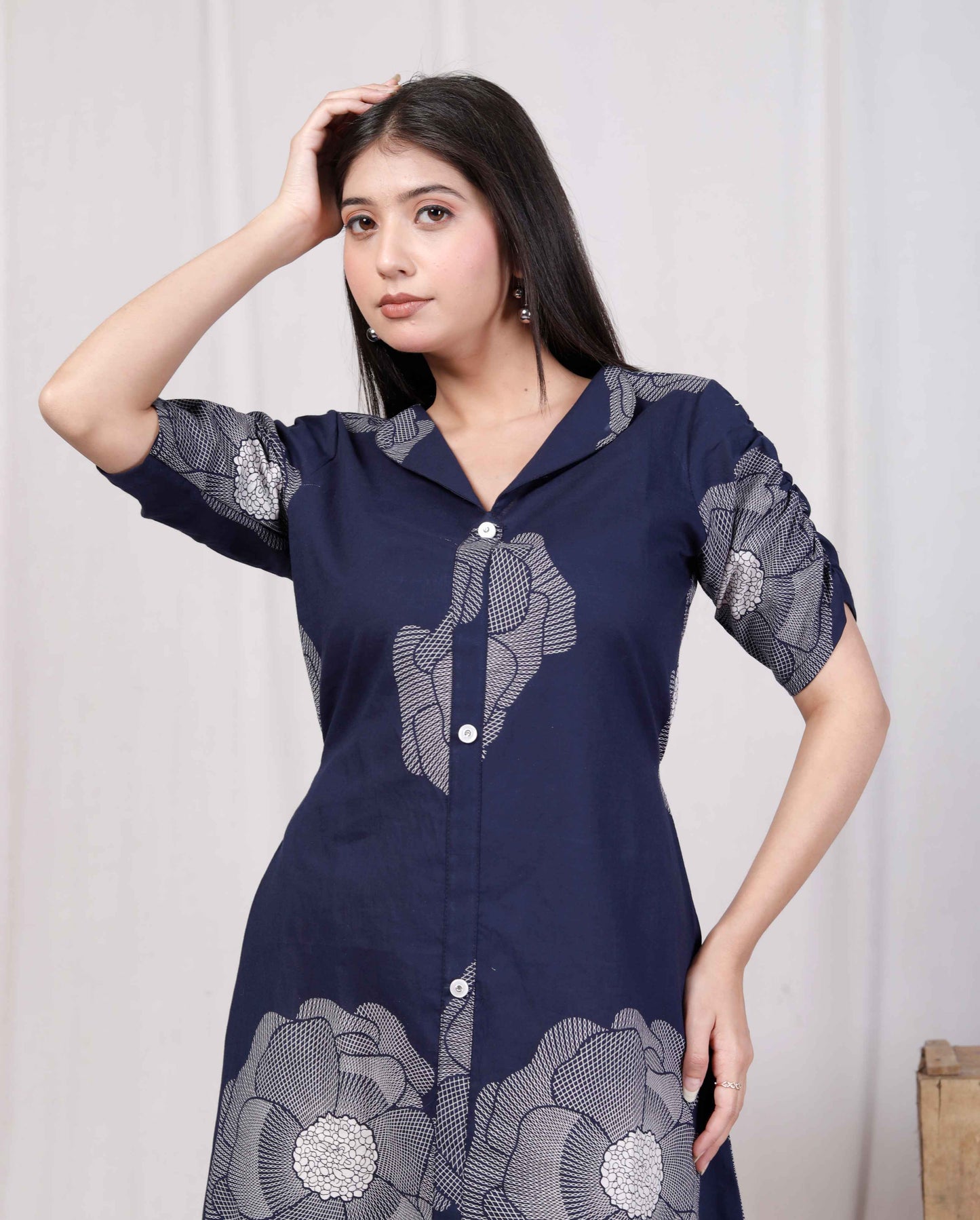 Miravan Womens Blue Floral Printed Front Buttoned A-Line Maxi Dress