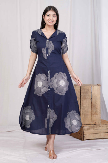 Miravan Womens Blue Floral Printed Front Buttoned A-Line Maxi Dress