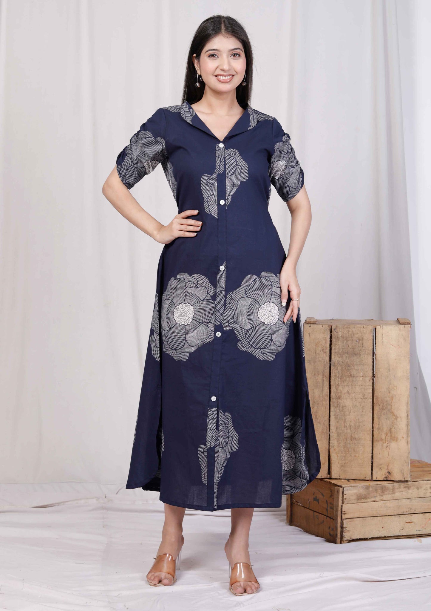 Miravan Womens Blue Floral Printed Front Buttoned A-Line Maxi Dress