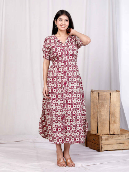 Miravan Womens Cotton Floral Printed Cream A-Line Maxi Dress with Buttons