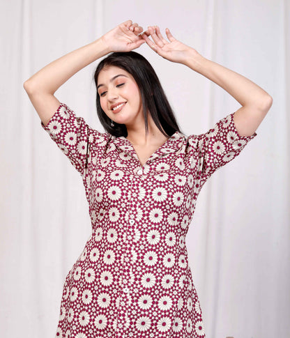 Miravan Womens Cotton Floral Printed Cream A-Line Maxi Dress with Buttons