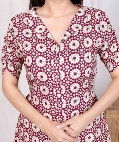 Miravan Womens Cotton Floral Printed Cream A-Line Maxi Dress with Buttons