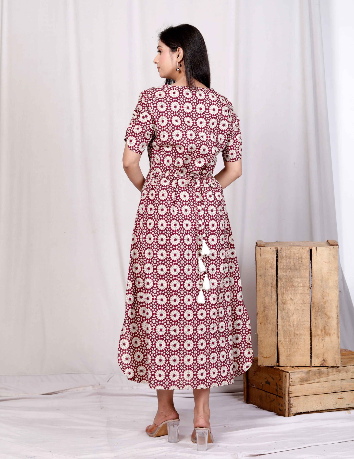 Miravan Womens Cotton Floral Printed Cream A-Line Maxi Dress with Buttons