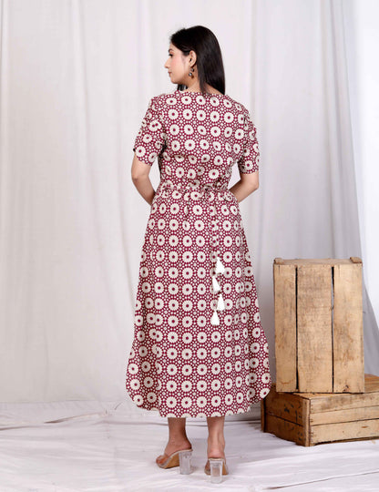 Miravan Womens Cotton Floral Printed Cream A-Line Maxi Dress with Buttons