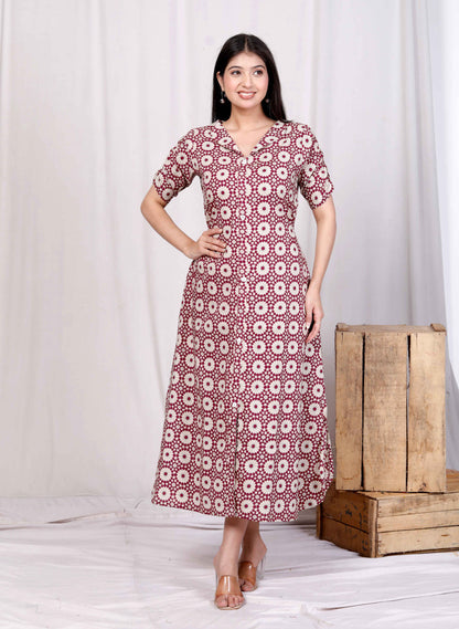 Miravan Womens Cotton Floral Printed Cream A-Line Maxi Dress with Buttons