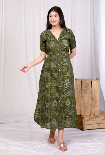Miravan Womens Pure Cotton Floral Printed Green Button Down A-Line Midi Dress