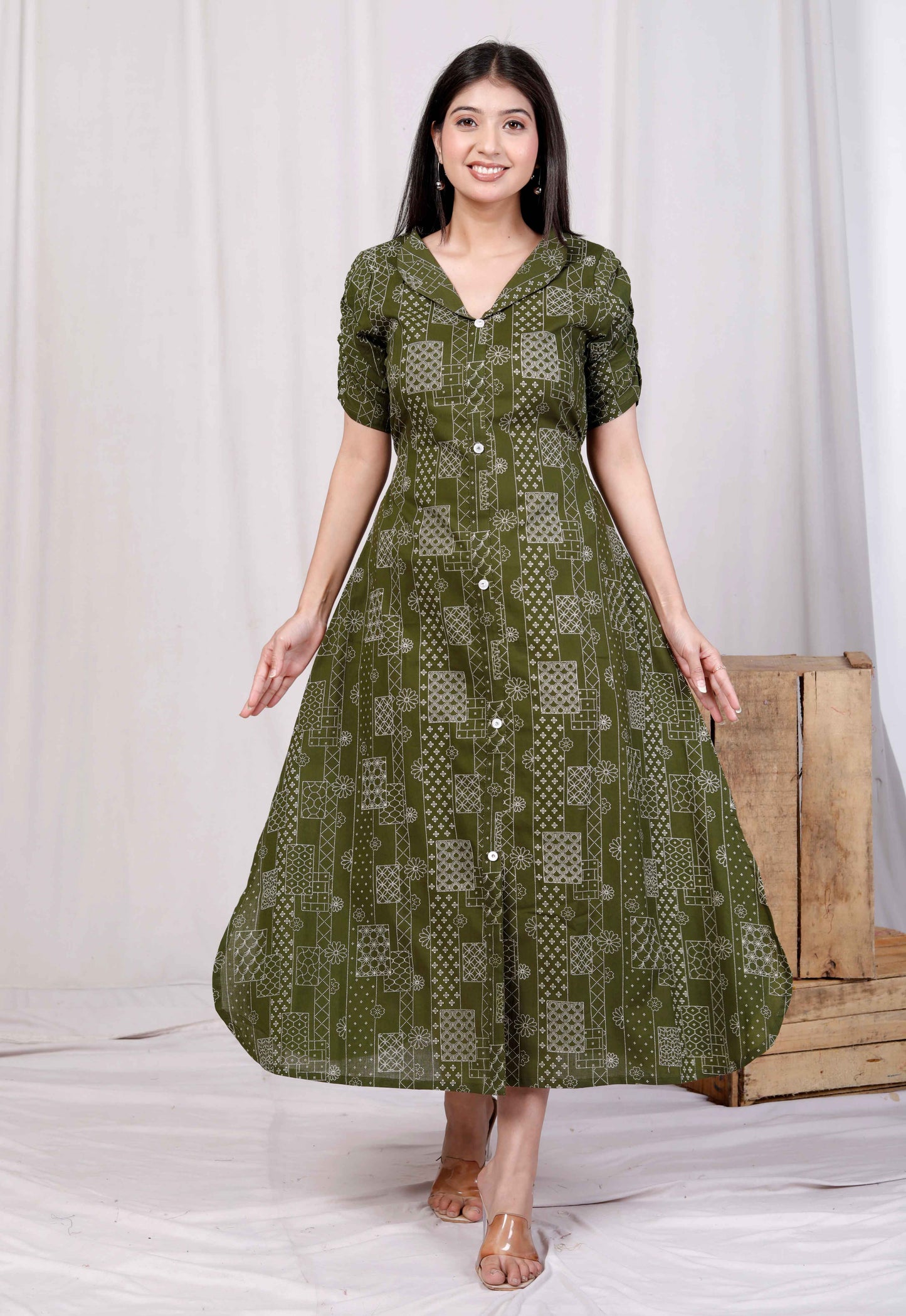 Miravan Womens Pure Cotton Floral Printed Green Button Down A-Line Midi Dress