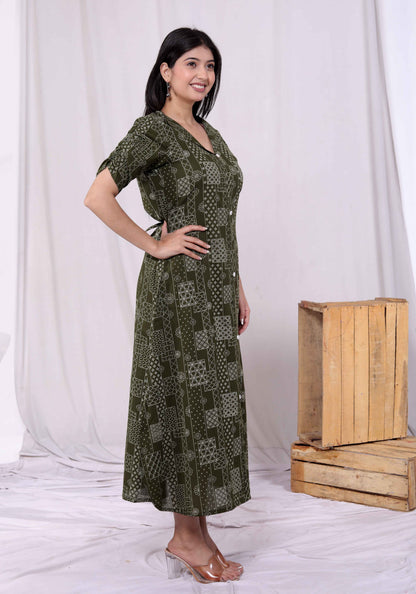 Miravan Womens Pure Cotton Floral Printed Green Button Down A-Line Midi Dress