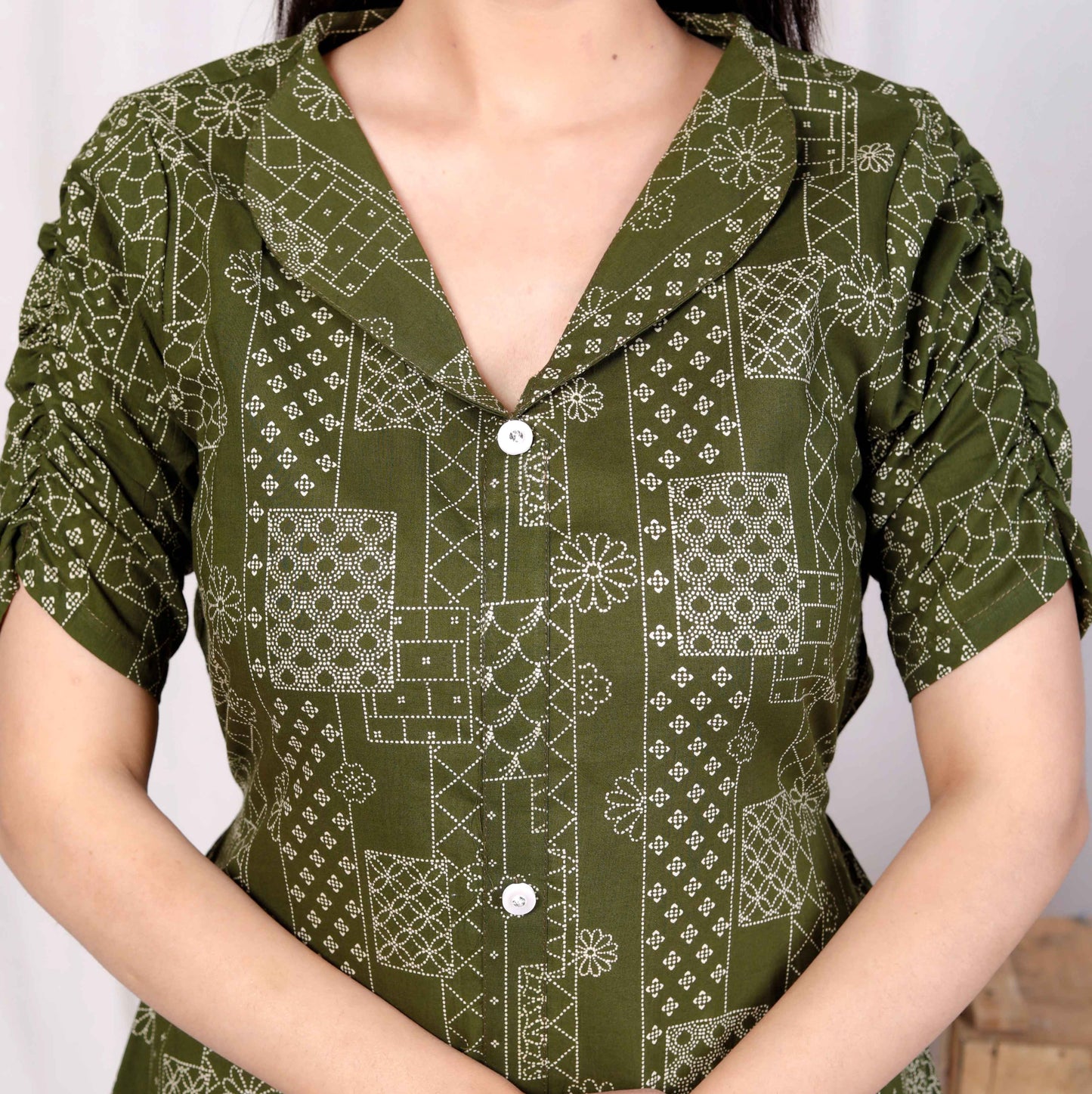 Miravan Womens Pure Cotton Floral Printed Green Button Down A-Line Midi Dress