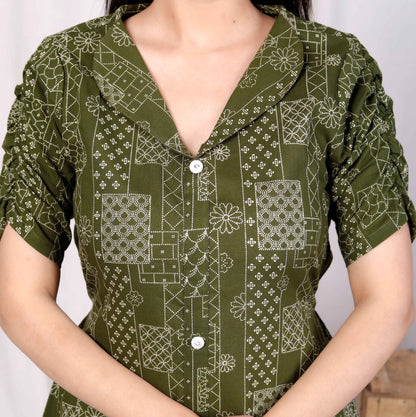 Miravan Womens Pure Cotton Floral Printed Green Button Down A-Line Midi Dress