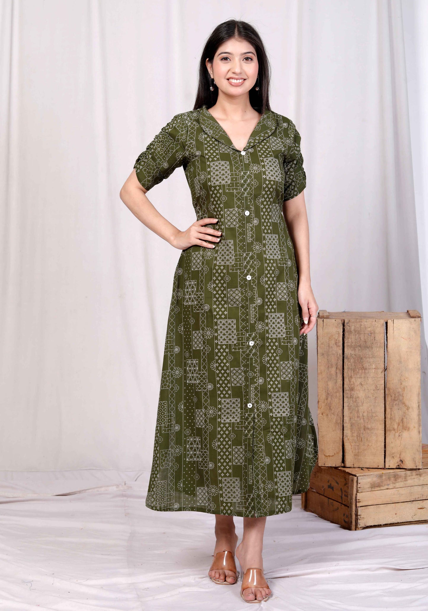 Miravan Womens Pure Cotton Floral Printed Green Button Down A-Line Midi Dress