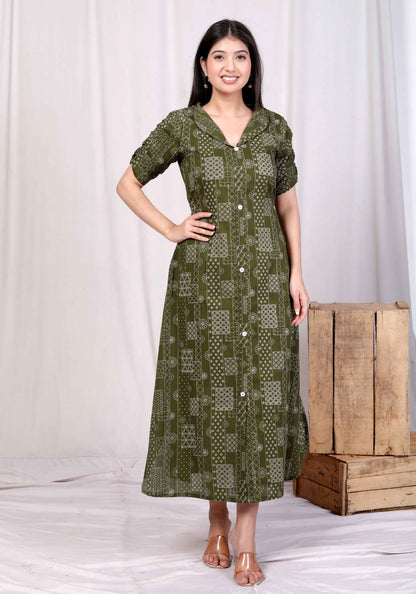 Miravan Womens Pure Cotton Floral Printed Green Button Down A-Line Midi Dress