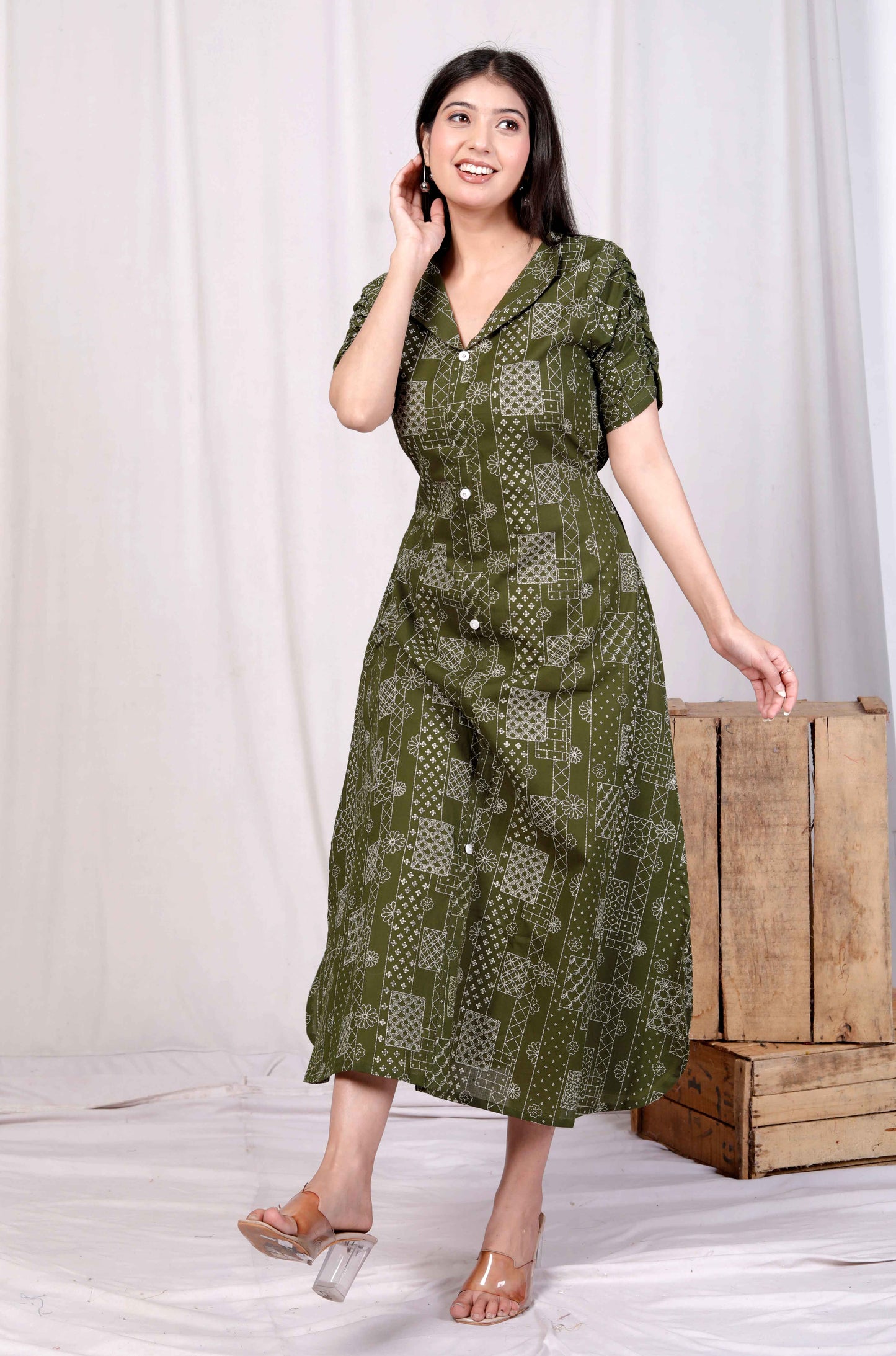 Miravan Womens Pure Cotton Floral Printed Green Button Down A-Line Midi Dress
