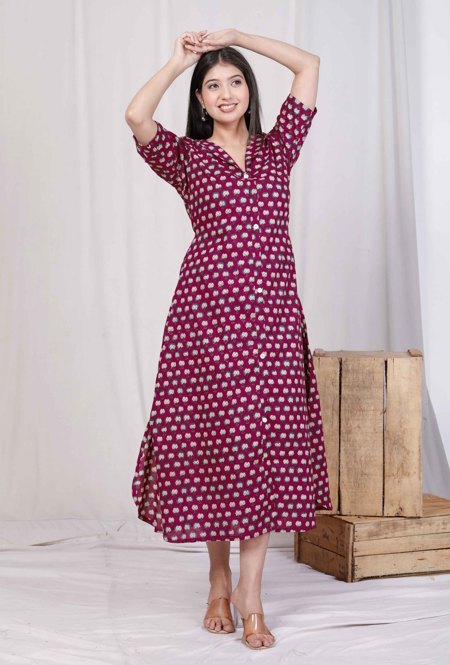 Miravan Womens Relaxed Fit Red Floral Printed A-Line Pure Cotton Midi Dress