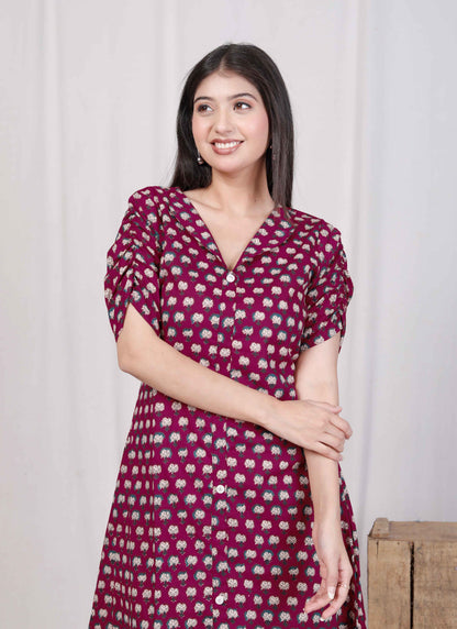 Miravan Womens Relaxed Fit Red Floral Printed A-Line Pure Cotton Midi Dress