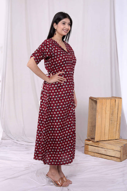 Miravan Womens Relaxed Fit Red Floral Printed A-Line Pure Cotton Midi Dress