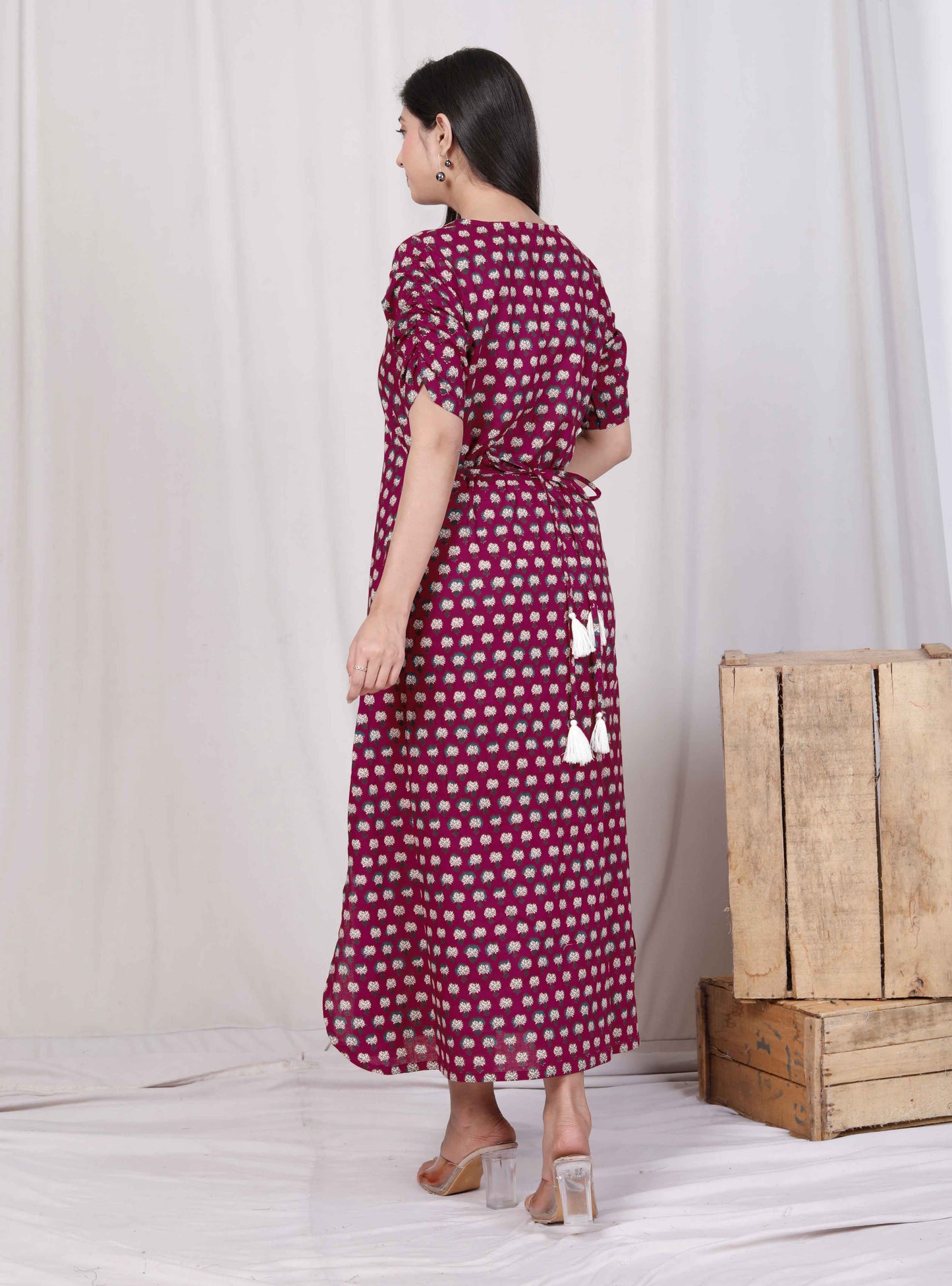 Miravan Womens Relaxed Fit Red Floral Printed A-Line Pure Cotton Midi Dress