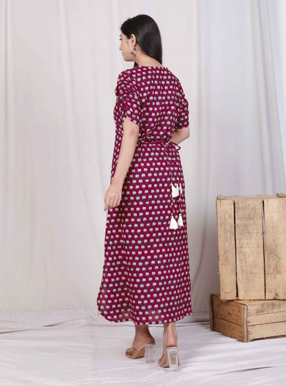 Miravan Womens Relaxed Fit Red Floral Printed A-Line Pure Cotton Midi Dress