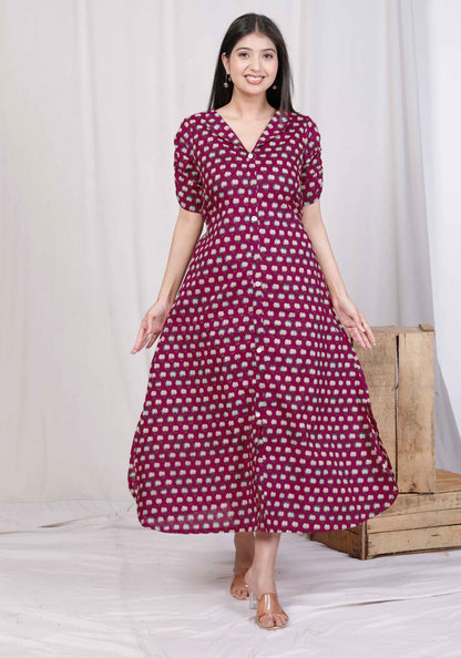 Miravan Womens Relaxed Fit Red Floral Printed A-Line Pure Cotton Midi Dress