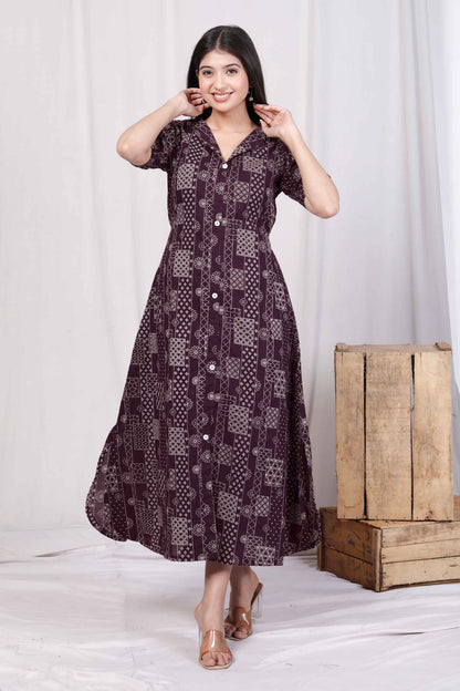 Miravan Womens Wine Mandarin Neck Floral Printed A-Line Party wear Maxi Dress