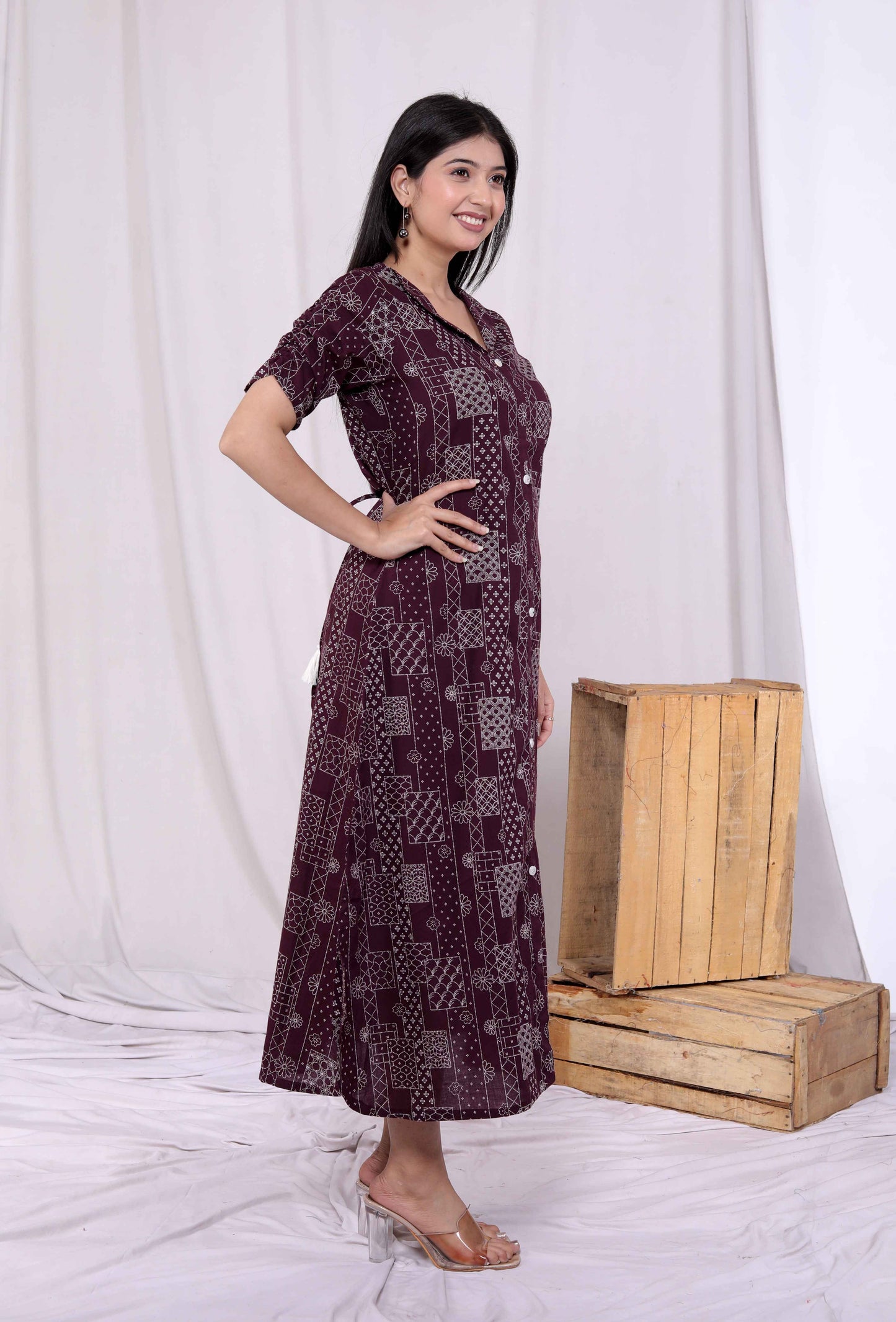 Miravan Womens Wine Mandarin Neck Floral Printed A-Line Party wear Maxi Dress