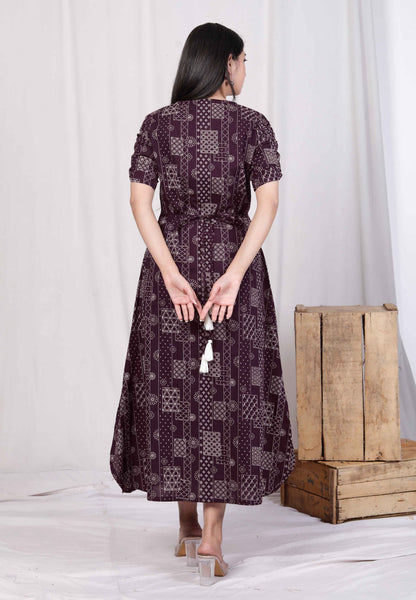 Miravan Womens Wine Mandarin Neck Floral Printed A-Line Party wear Maxi Dress