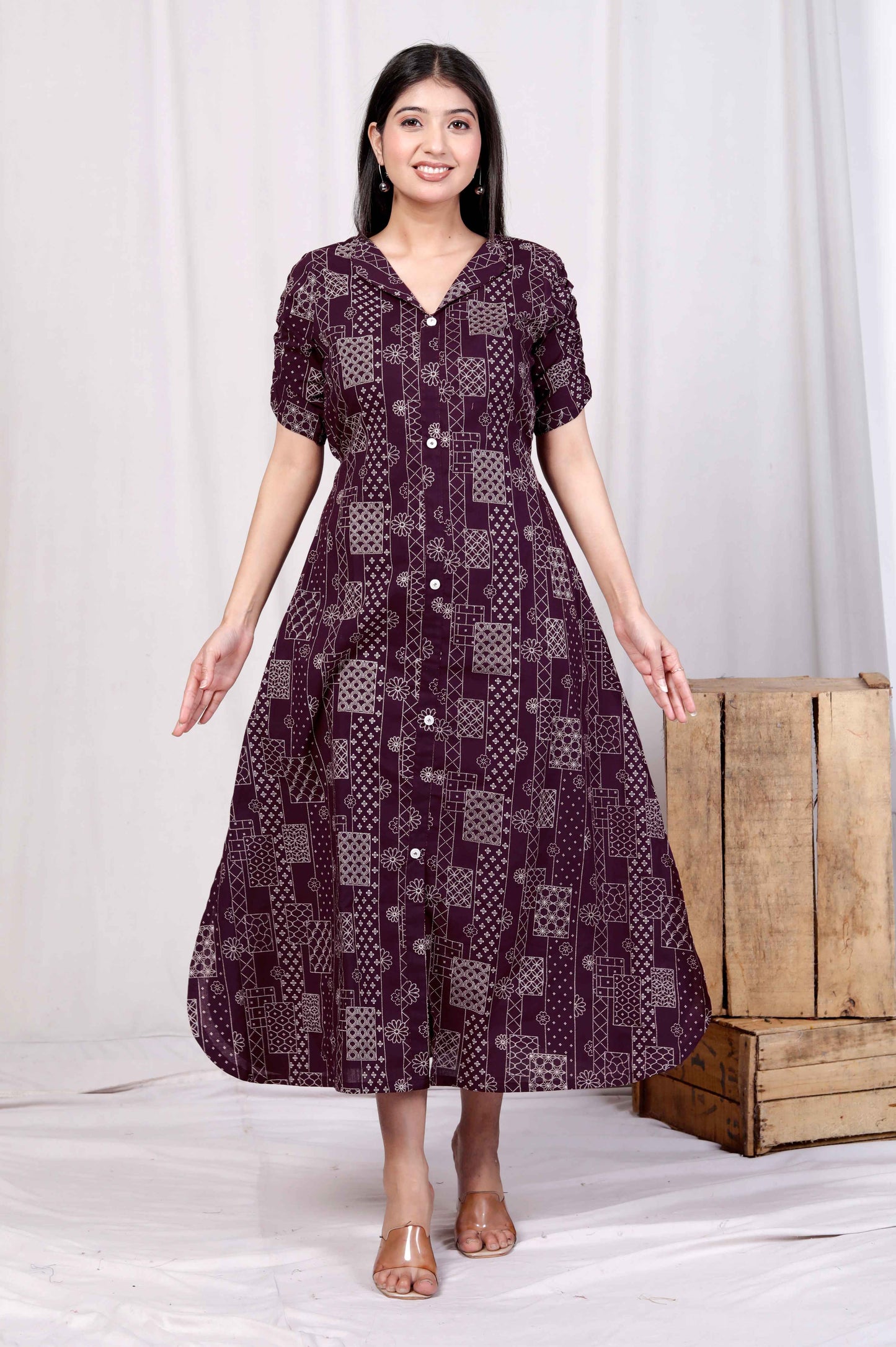 Miravan Womens Wine Mandarin Neck Floral Printed A-Line Party wear Maxi Dress