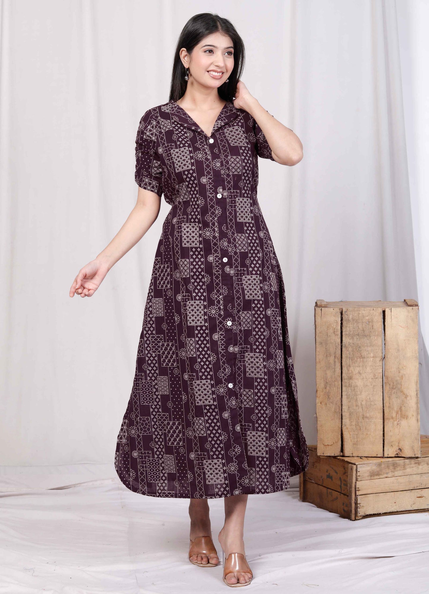 Miravan Womens Wine Mandarin Neck Floral Printed A-Line Party wear Maxi Dress