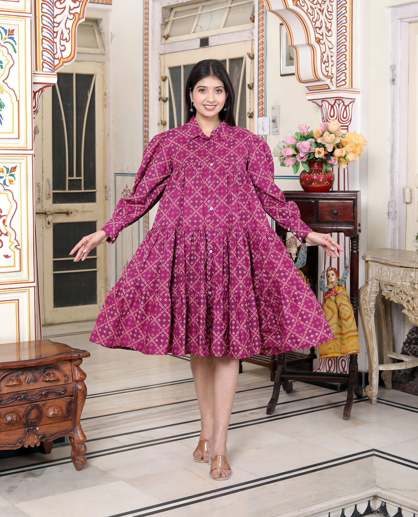 Miravan Womens Magenta Collar Neck Long Puff Sleeve Gathered Tiered Loose Fit A-Line Dress